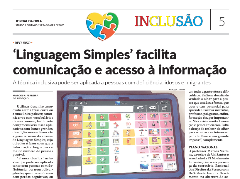 Captura de tela do Jornal da Orla do dia 25 e 26 de abril de 2026. Em destaque, o título: "Linguagem simples facilita comunicação e acesso à informação".